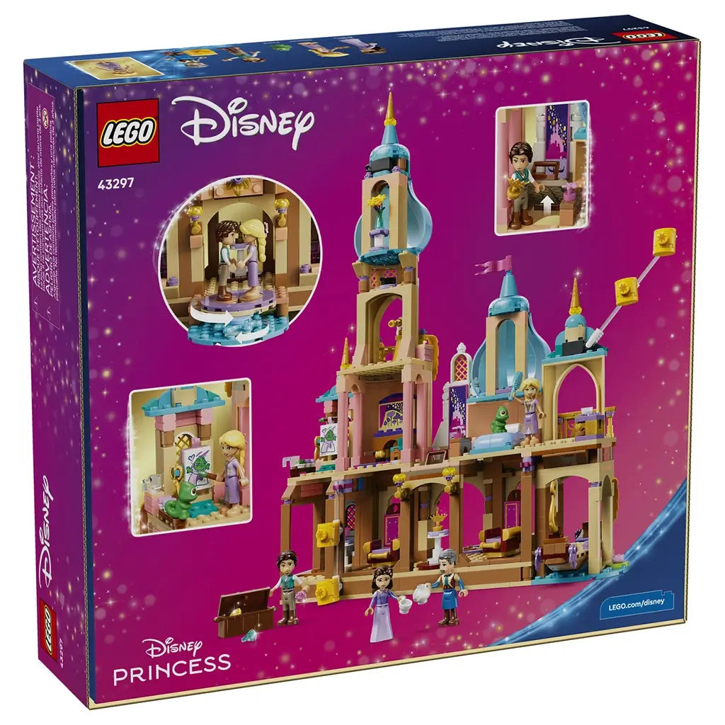 LEGO Disney Princess Rapunzel's Castle box back in magenta and navy shows the opened tan, pink, turquoise, and gold palace, character figures, rooms, and interactive play scenes.