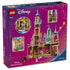 LEGO Disney Princess Rapunzel's Castle box back in magenta and navy shows the opened tan, pink, turquoise, and gold palace, character figures, rooms, and interactive play scenes.