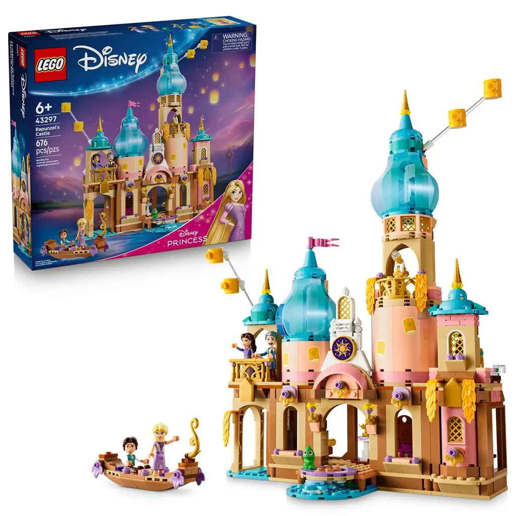 LEGO Disney Princess Rapunzel's Castle set in tan, pink, turquoise, and gold plastic includes a multi-tower palace, character figures, small boat, and retail box on white.