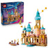 LEGO Disney Princess Rapunzel's Castle set in tan, pink, turquoise, and gold plastic includes a multi-tower palace, character figures, small boat, and retail box on white.