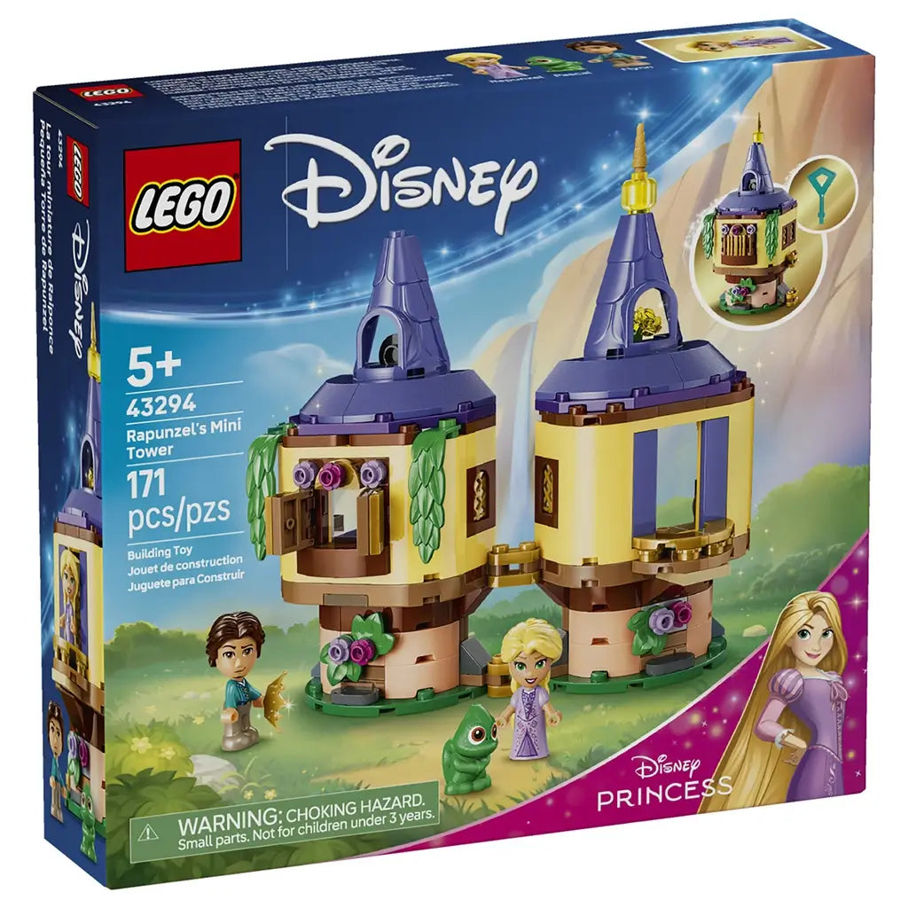 LEGO Disney Princess Rapunzel's Mini Tower box front in navy and pink shows the yellow, tan, purple, green, and gold 171-piece hinged tower with Rapunzel, Flynn Rider, and Pascal.