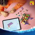 LEGO Disney Princess Rapunzel's Mini Tower pieces in yellow, tan, purple, and green plastic sit on a pink table as a child builds beside loose figures and tablet instructions.
