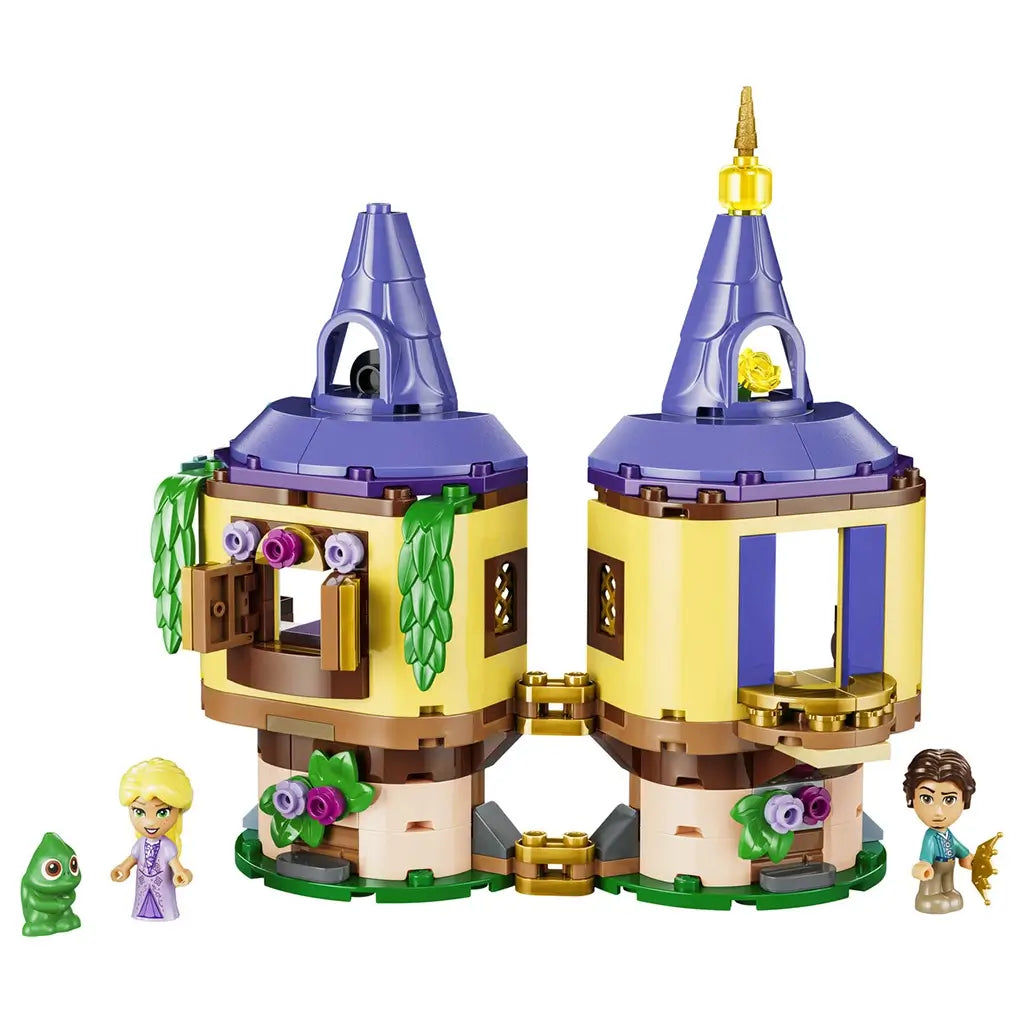 LEGO Disney Princess Rapunzel's Mini Tower in yellow, tan, purple, green, and gold plastic features two hinged round towers with flowers, Rapunzel, Flynn Rider, and Pascal figures.