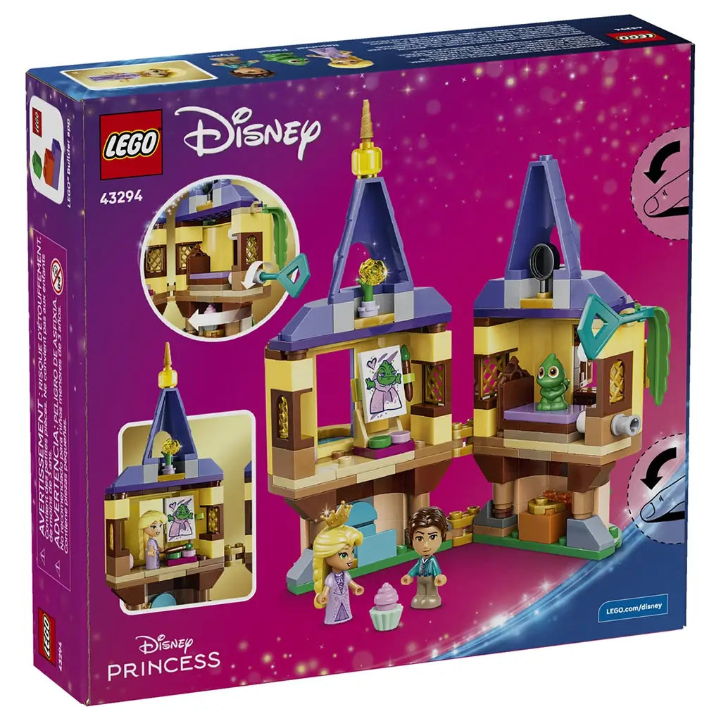 LEGO Disney Princess Rapunzel's Mini Tower box back in magenta and navy shows the opened yellow, tan, purple, and green tower rooms, Rapunzel, Flynn Rider, Pascal, and play features.