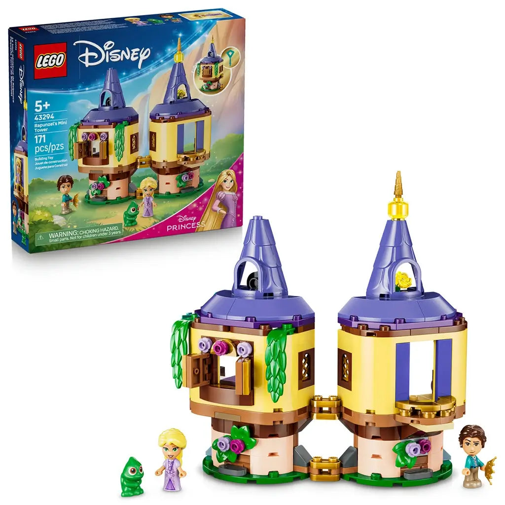 LEGO Disney Princess Rapunzel's Mini Tower set in yellow, tan, purple, green, and gold plastic includes two connected round towers, Rapunzel, Flynn Rider, Pascal, and retail box.