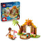 LEGO Disney Moana Village House & Boat set in tan, orange, green, and pink plastic includes a tropical house, canoe, Moana figures, pig, palm tree, bowls, and box.