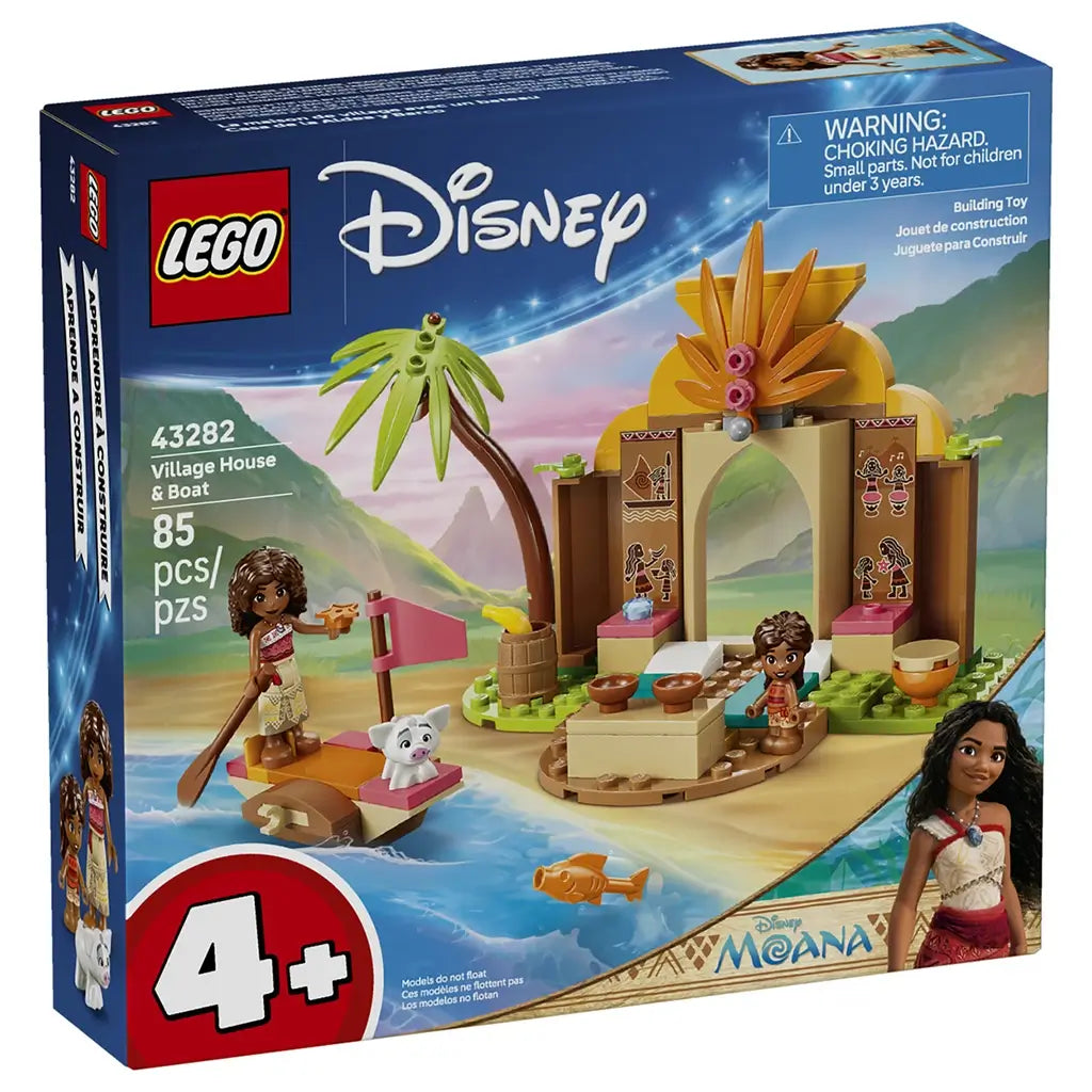LEGO Disney Moana Village House & Boat 43282 box in blue shows the colorful 85-piece tropical house, canoe, two Moana figures, pig, palm tree, and age 4+ label.