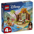 LEGO Disney Moana Village House & Boat 43282 box in blue shows the colorful 85-piece tropical house, canoe, two Moana figures, pig, palm tree, and age 4+ label.