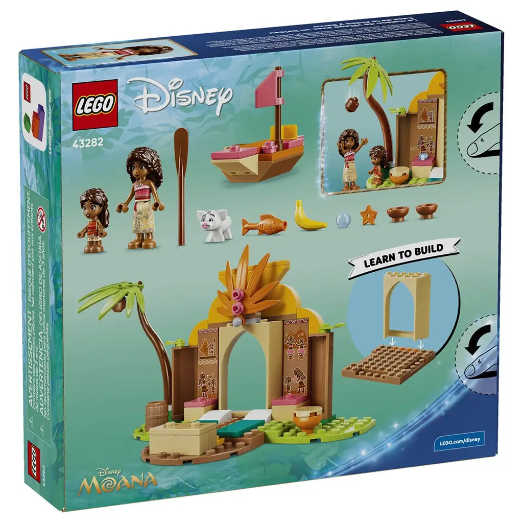 LEGO Disney Moana Village House & Boat 43282 package back in aqua shows the tan and orange house, palm tree, canoe, Moana figures, pig, accessories, and build guide.