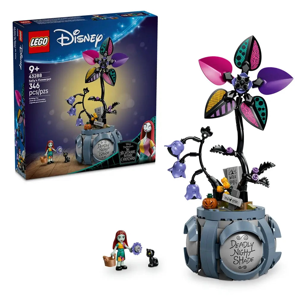 LEGO Disney Sally flowerpot set includes blue cauldron planter with black stems and vibrant patterned petals, plus Sally minifigure and cat figure, shown beside product box against a clean white background for retail display.