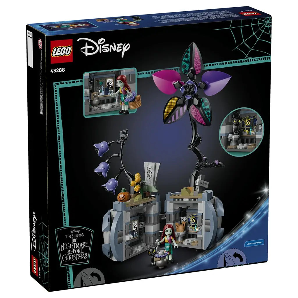 LEGO Disney Sally flowerpot building set back of box features black and teal packaging with spiderweb accents, showing the openable blue cauldron build, multicolor flower pieces, and play scenes from The Nightmare Before Christmas.