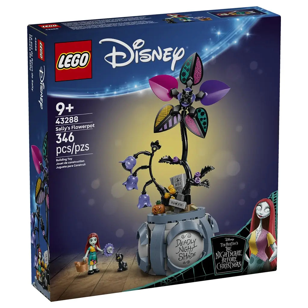 LEGO Disney Sally flowerpot set shows a blue plastic round cauldron planter with black curved stems and multicolor patterned petals forming a spooky flower, themed for The Nightmare Before Christmas, displayed on branded box art background.