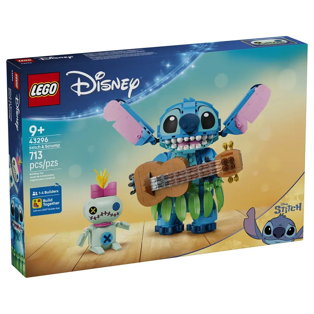 LEGO Disney Stitch and Scrump 43296 box shows the 713-piece blue Stitch figure holding a brown guitar beside pale green Scrump, with a green hula skirt and pink ears.