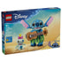 LEGO Disney Stitch and Scrump 43296 box shows the 713-piece blue Stitch figure holding a brown guitar beside pale green Scrump, with a green hula skirt and pink ears.