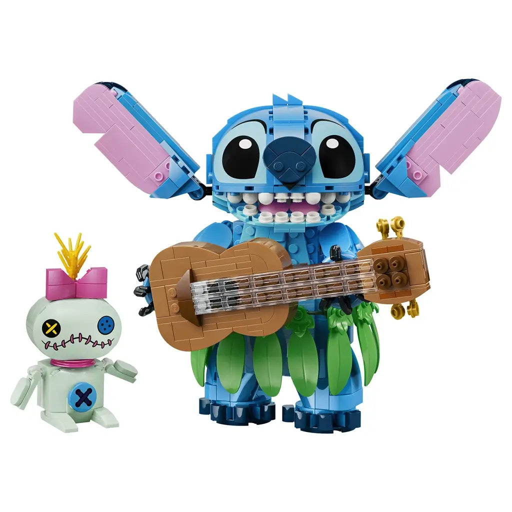LEGO Disney Stitch and Scrump figures feature blue, pink, green, and pale mint plastic builds, with Stitch wearing a leafy hula skirt and holding a brown guitar.