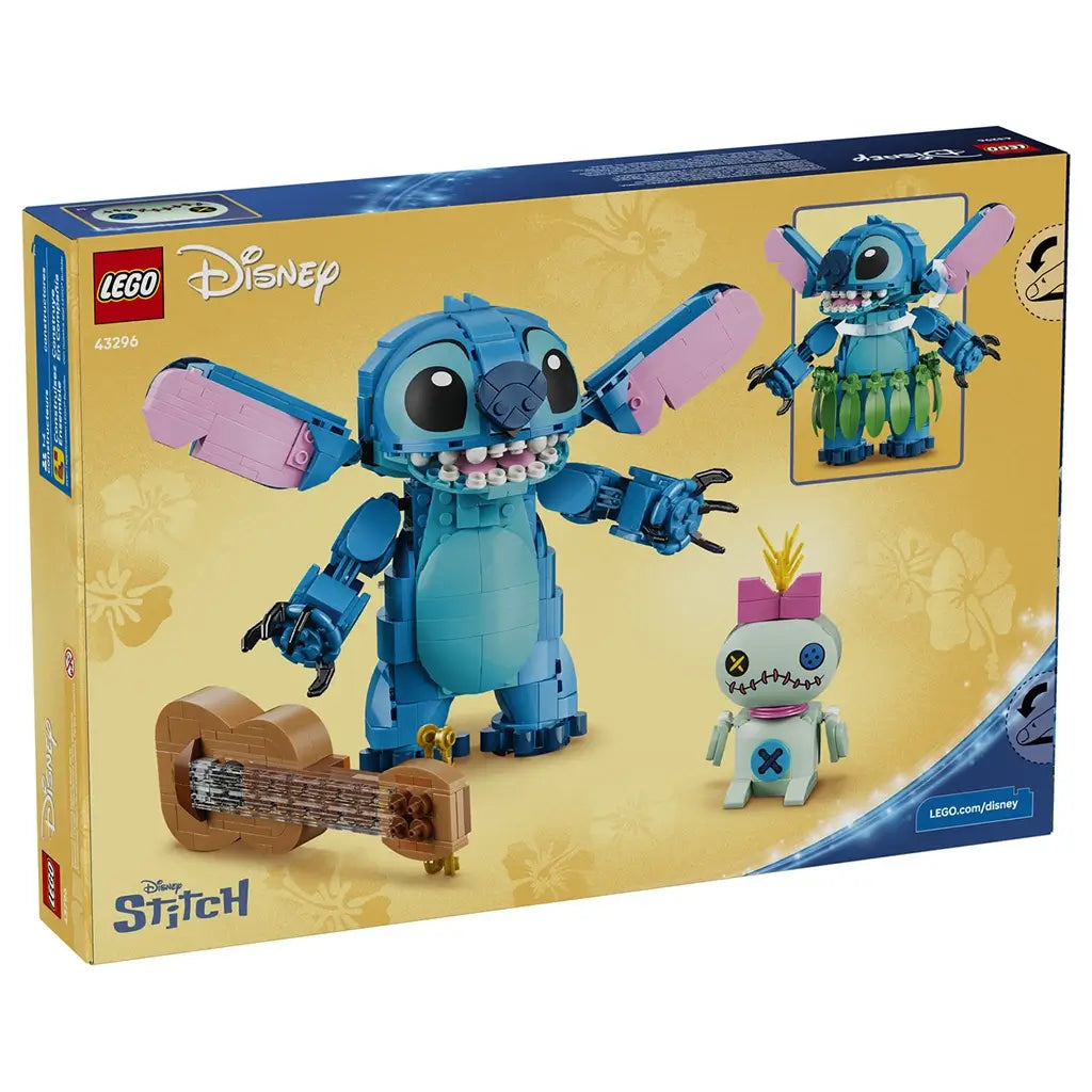 LEGO Disney Stitch and Scrump 43296 package back shows blue Stitch with movable pink ears, a green hula skirt, brown guitar, and pale green Scrump figure.