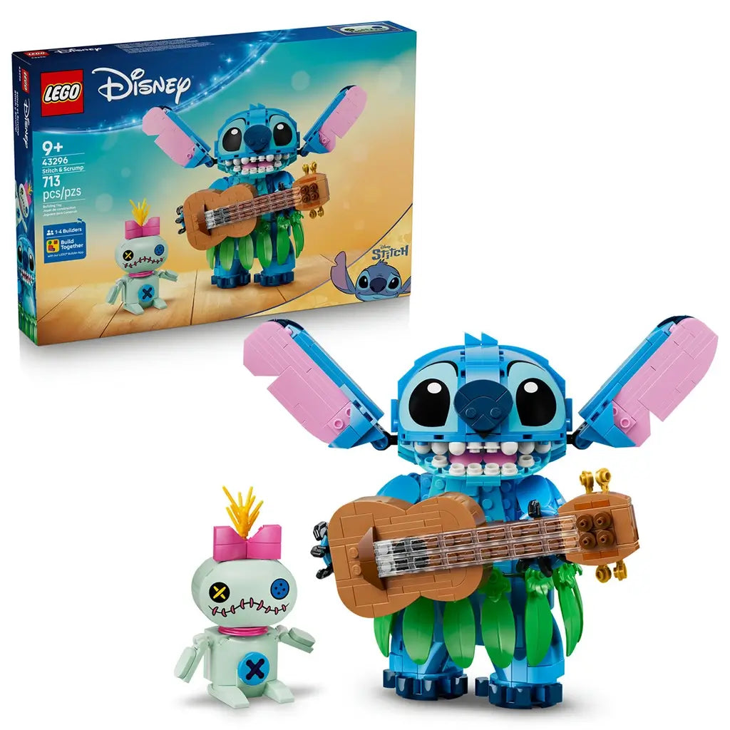 LEGO Disney Stitch and Scrump 43296 set features blue and pink Stitch in a green hula skirt holding a brown guitar beside pale green Scrump, with the retail box behind.