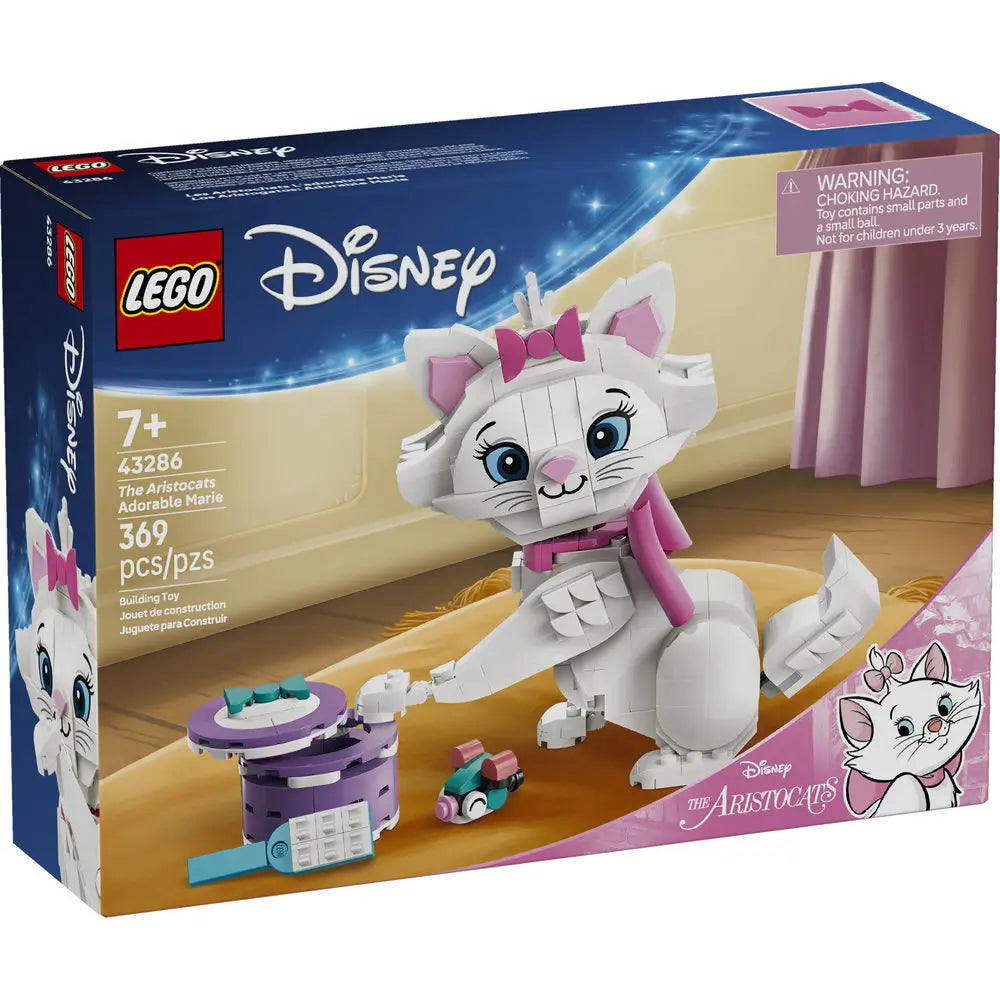 LEGO Disney The Aristocats Adorable Marie box showing the white Marie cat build with pink bow and collar, yarn accessory, 7+ age marking, piece count, and official LEGO Disney branding.