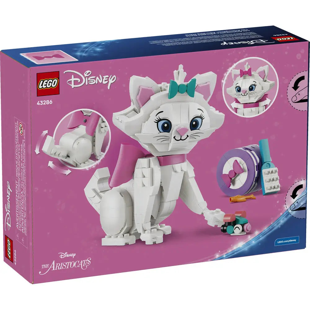 LEGO Disney The Aristocats Adorable Marie packaging back showing poseable cat features, accessory functions, bow customization options, and illustrated play details against a pink branded background.