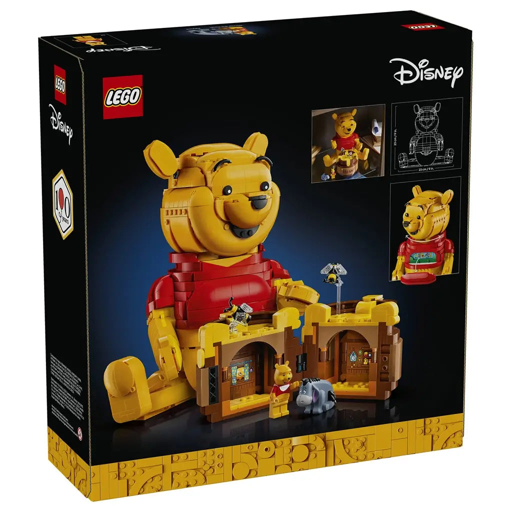 LEGO Disney Winnie the Pooh set packaging back in black and yellow cardboard, box showing interior play features, character details and display options on a dark illustrated background.