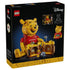 LEGO Disney Winnie the Pooh set packaging back in black and yellow cardboard, box showing interior play features, character details and display options on a dark illustrated background.