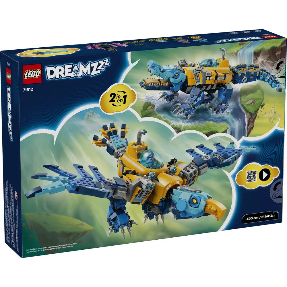 LEGO DREAMZzz package back shows the Crocodile Submarine alternate builds, blue and yellow plastic details, transformation features, included minifigures, and illustrated fantasy play scenarios.