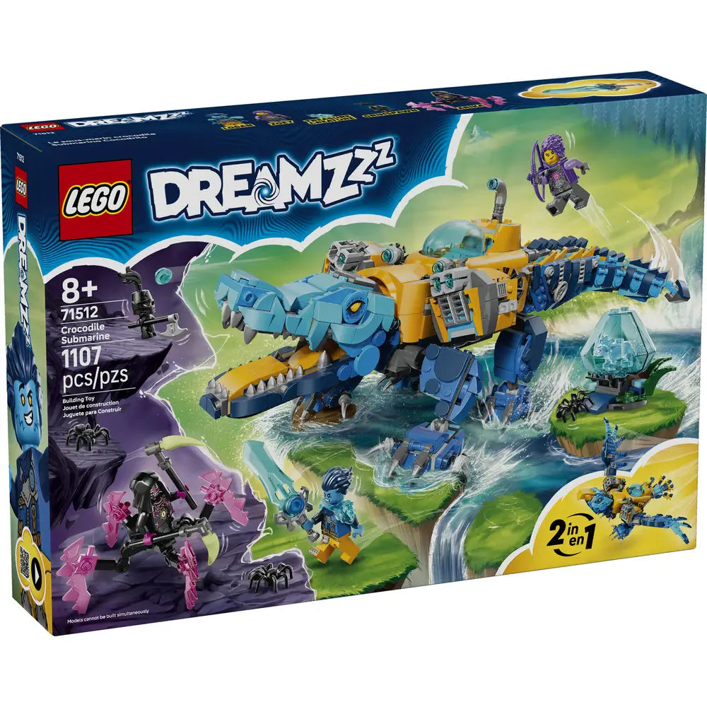LEGO DREAMZzz box front displays the Crocodile Submarine in blue and yellow plastic with a crocodile shaped mech body, underwater action artwork, minifigures, set number 71512, and age 8 plus label.