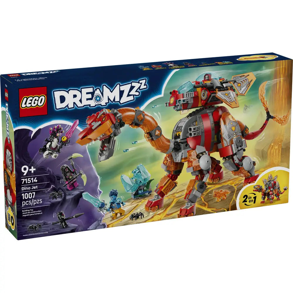LEGO DREAMZzz box front displays the Dino Jet in red and orange plastic with a mechanical dinosaur form, winged jet components, fantasy minifigures, set number 71514, and dramatic dream world artwork.
