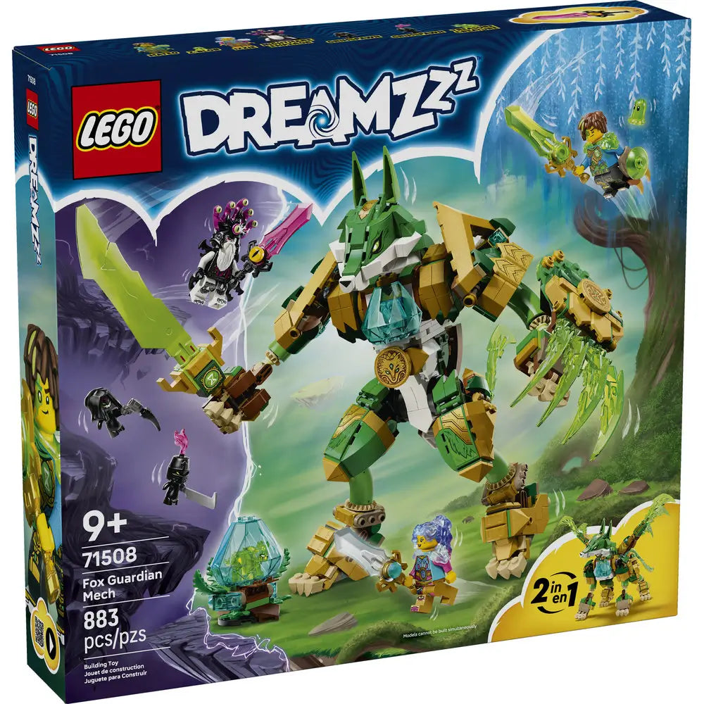 LEGO DREAMZzz box front displays the Fox Guardian Mech in green and gold plastic with fox inspired mech design, hero minifigures, glowing crystal elements, set number 71508, and magical forest artwork.