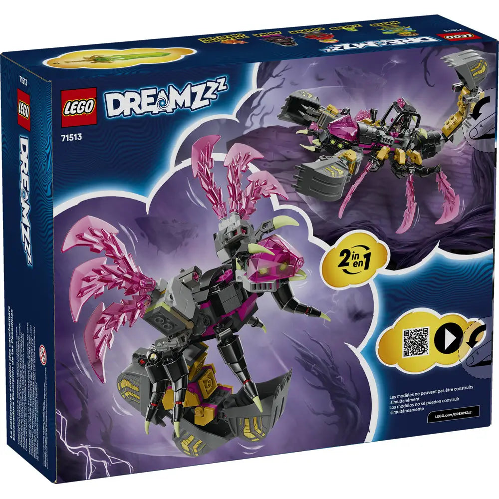 LEGO DREAMZzz Nightmare Scorpion Digger package back showing alternate builds, dark gray scorpion mech with pink crystal wings, play features, and illustrated fantasy scenes.