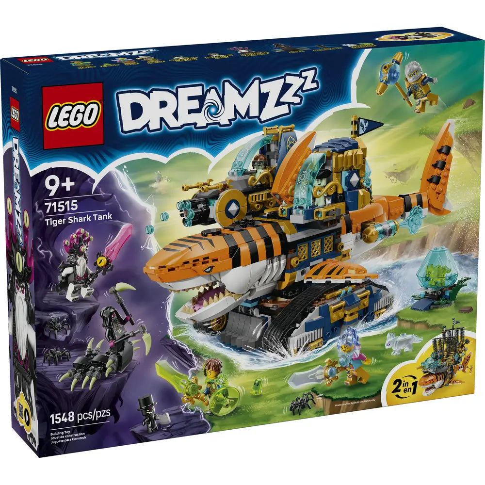 LEGO DREAMZzz box front displays the Tiger Shark Tank in orange and black plastic with chomping shark mouth, tank tracks, fantasy minifigures, set number 71515, and dramatic dream world artwork.
