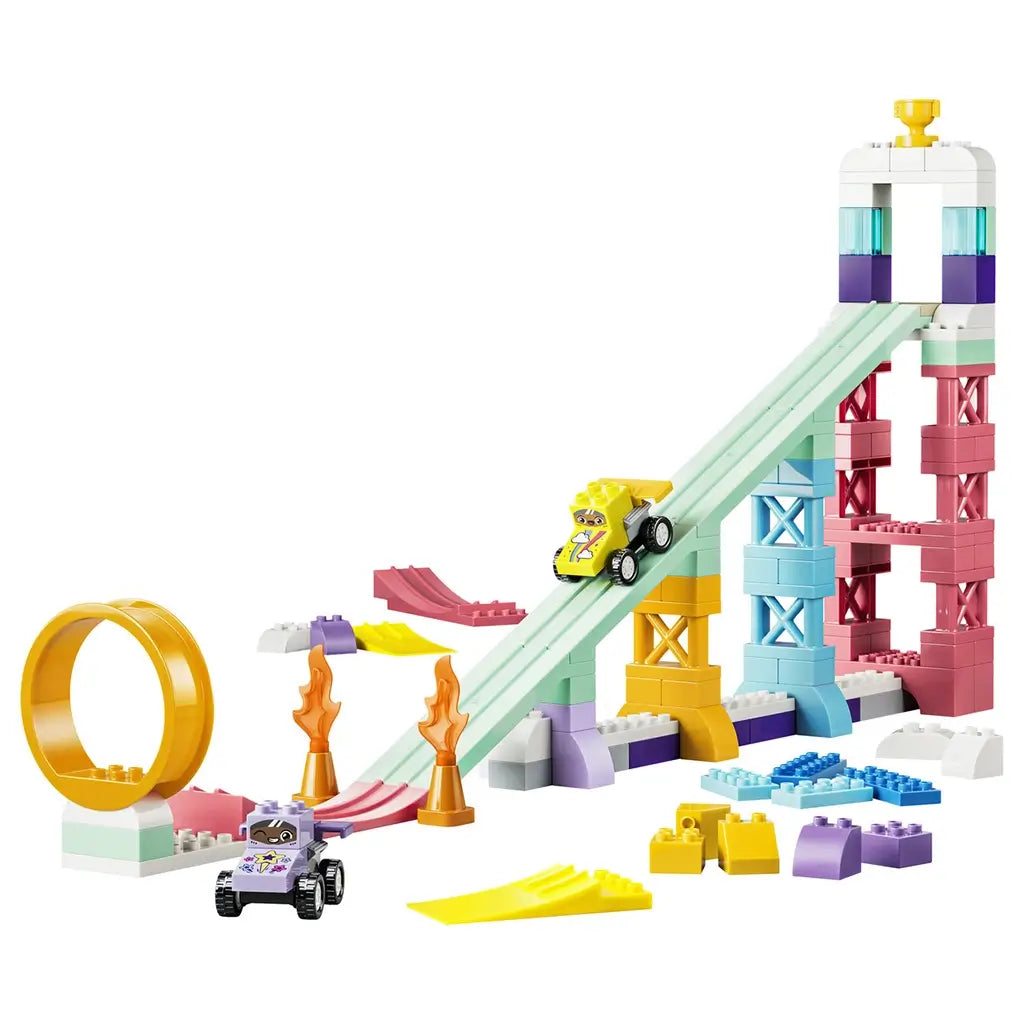 LEGO DUPLO 3 in 1 Creative Ramps set 10478 displays pastel plastic towers, mint sloped tracks, orange loop and flames, two race cars and loose ramp pieces on white.