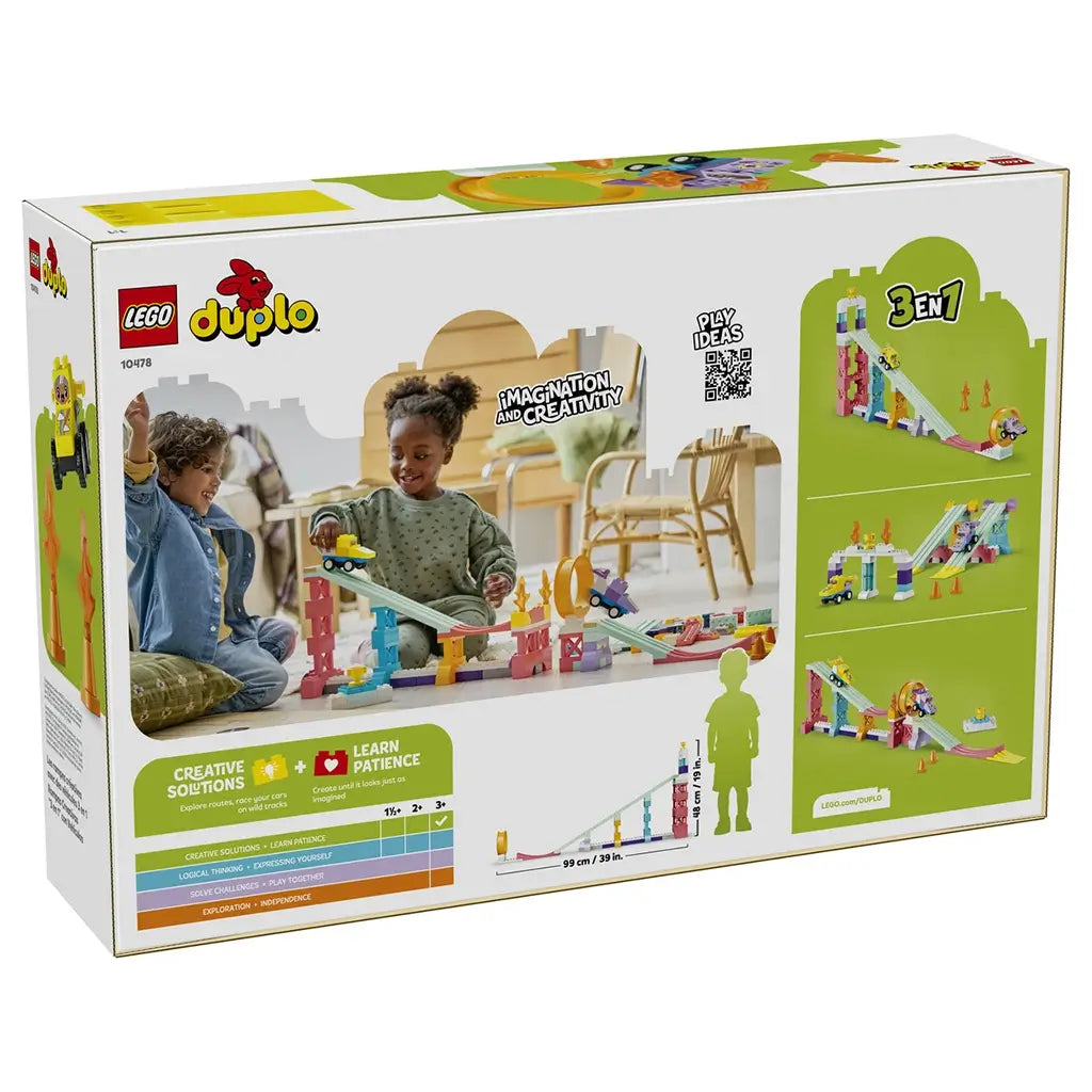 LEGO DUPLO 3 in 1 Creative Ramps with Vehicles set 10478 box back shows pastel plastic tracks, two children racing cars, three build options and play activity graphics.