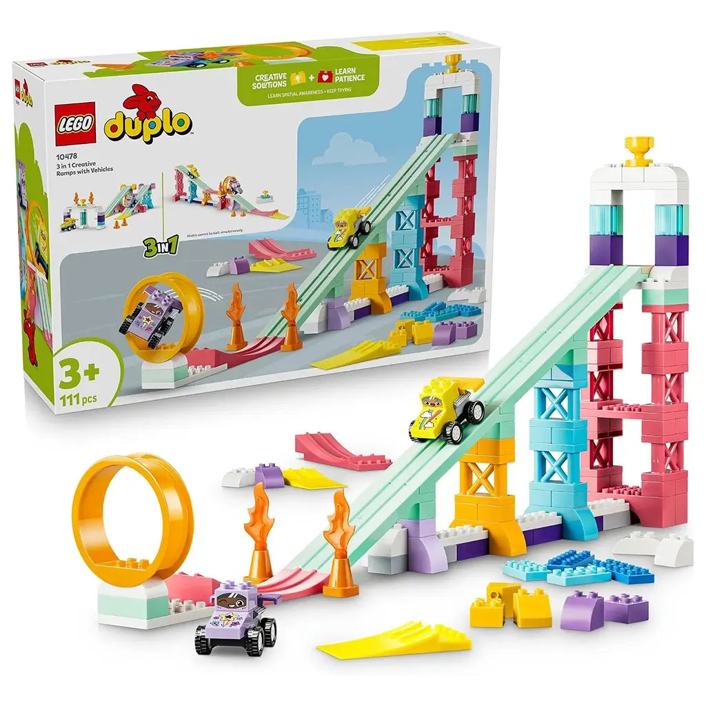 LEGO DUPLO 3 in 1 Creative Ramps with Vehicles set 10478 features pastel plastic towers, mint ramps, orange loop, two race cars and box packaging displayed on white.