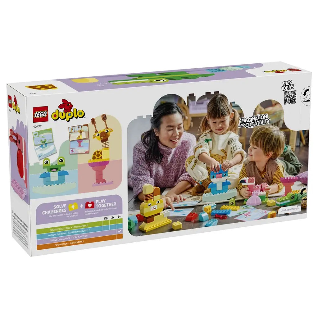 LEGO DUPLO Animal Building Game 10472 package back shows colorful plastic animal builds and an adult with two children creating figures at a table in a playroom.