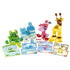 LEGO DUPLO Animal Building Game 10472 features green, blue, pink and yellow plastic animal builds with matching picture cards and loose bricks arranged on white.