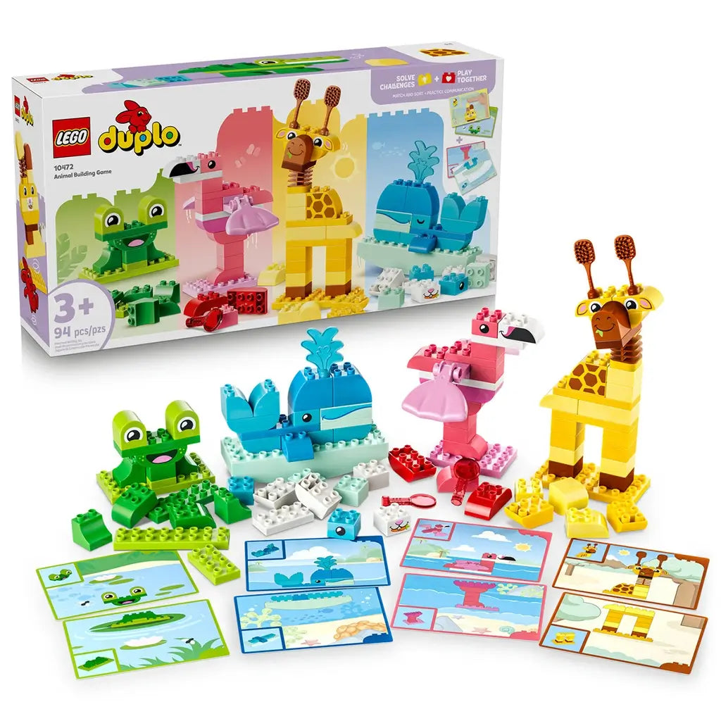 LEGO DUPLO Animal Building Game 10472 displays colorful plastic frog, whale, flamingo and giraffe builds with picture cards, loose bricks and retail box on white.