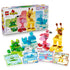 LEGO DUPLO Animal Building Game 10472 displays colorful plastic frog, whale, flamingo and giraffe builds with picture cards, loose bricks and retail box on white.