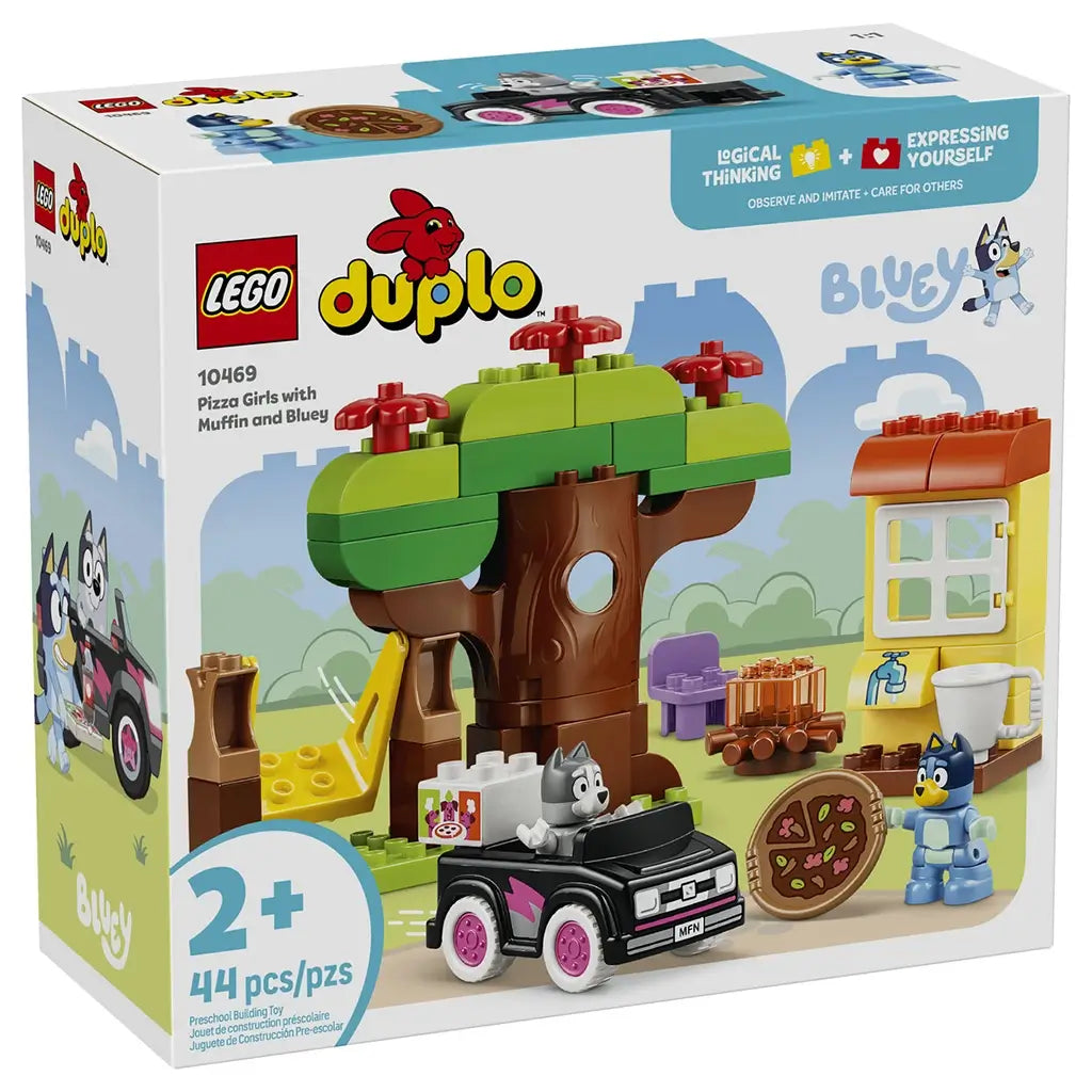 LEGO DUPLO Bluey Pizza Girls set 10469 box front displays 44 colorful plastic pieces forming a tree, swing, house, campfire, pizza and car with Bluey and Muffin.