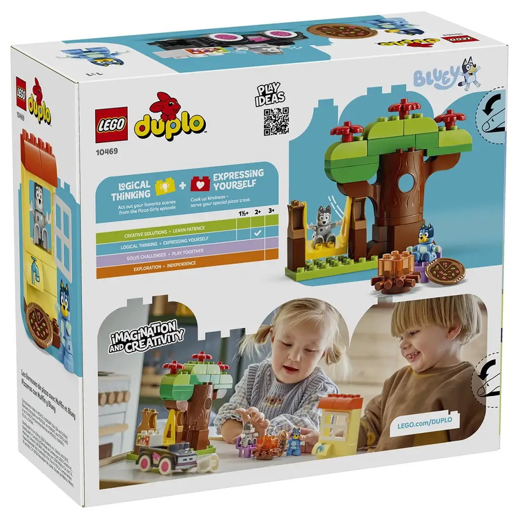 LEGO DUPLO Bluey Pizza Girls set 10469 package back shows colorful plastic tree, swing and pizza builds with Bluey and Muffin figures, plus children playing below.