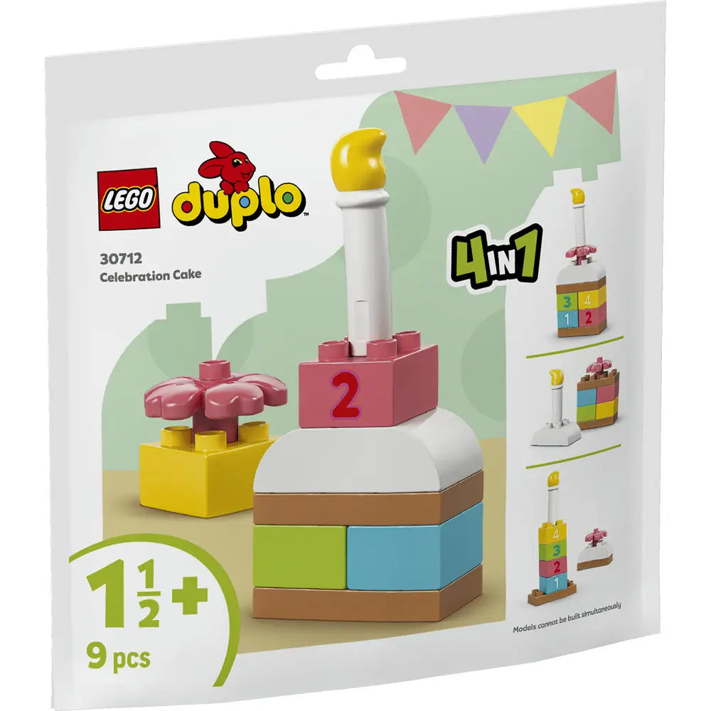 LEGO DUPLO Celebration Cake box front, light green and cream cardboard packaging with a glossy finish, rectangular hanging pouch shape, featuring the colorful brick-built cake model, 1½+ age marking, 9-piece count, and 4-in-1 build options.