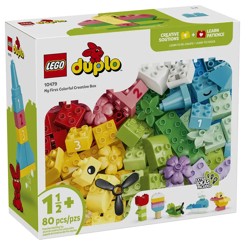 LEGO DUPLO Colorful Creative Box 10479 package front displays 80 bright plastic bricks in red, yellow, green, blue and pastel shades with numbers, flowers and propeller.