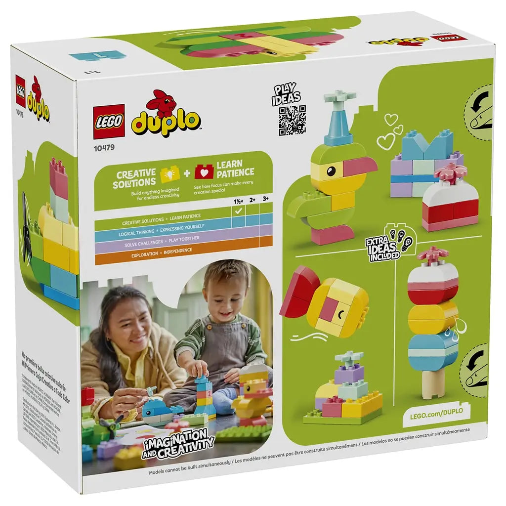 LEGO DUPLO Colorful Creative Box 10479 package back shows bright plastic brick models, including a duck, flower, ice pop and boat, plus play ideas and a family photo.