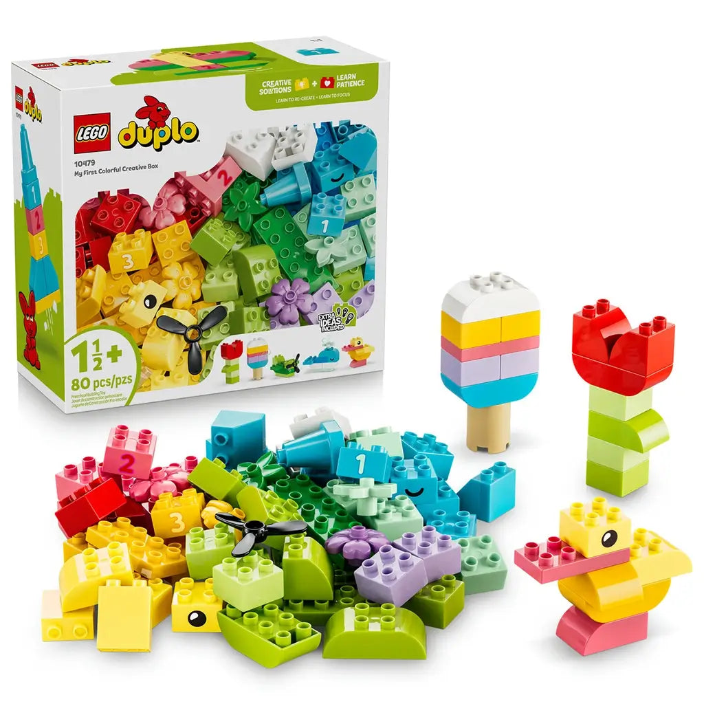 LEGO DUPLO Colorful Creative Box 10479 includes bright plastic bricks in red, yellow, green, blue and pastel shades, with duck, flower and ice pop models beside the box.