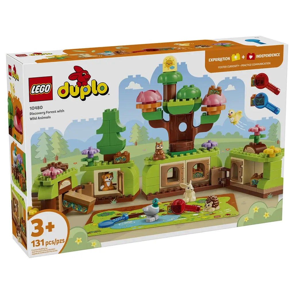 LEGO DUPLO Discovery Forest with Wild Animals set 10480 box front shows green and brown plastic forest builds, colorful flowers, five animals, magnifiers and a play mat.