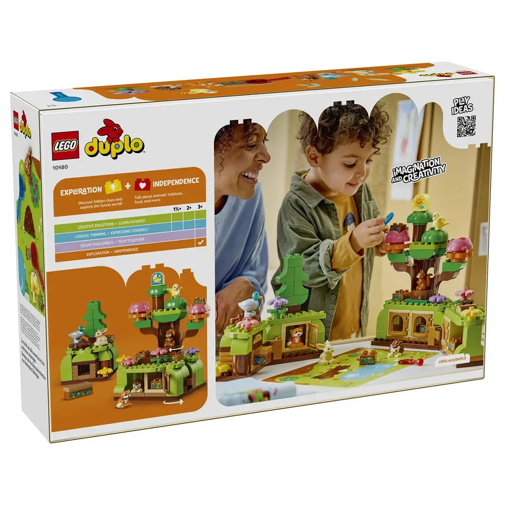 LEGO DUPLO Discovery Forest with Wild Animals set 10480 box back shows green and brown forest builds, five animal figures and a child playing, with exploration activity graphics.