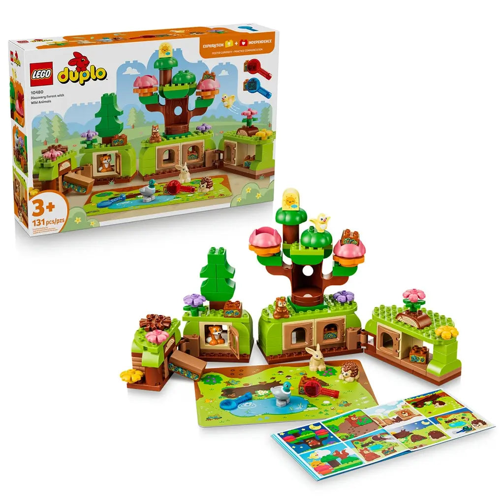 LEGO DUPLO Discovery Forest with Wild Animals set 10480 features green and brown plastic forest habitats, five animal figures, flowers, magnifiers, play mat and picture cards.