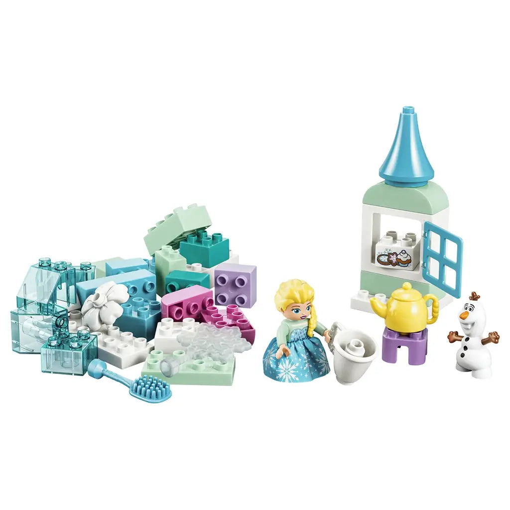 LEGO DUPLO Disney Frozen Creative Box 10462 includes aqua, white and pastel plastic bricks, Elsa and Olaf figures, an icy tower, teapot, cup and winter accessories.