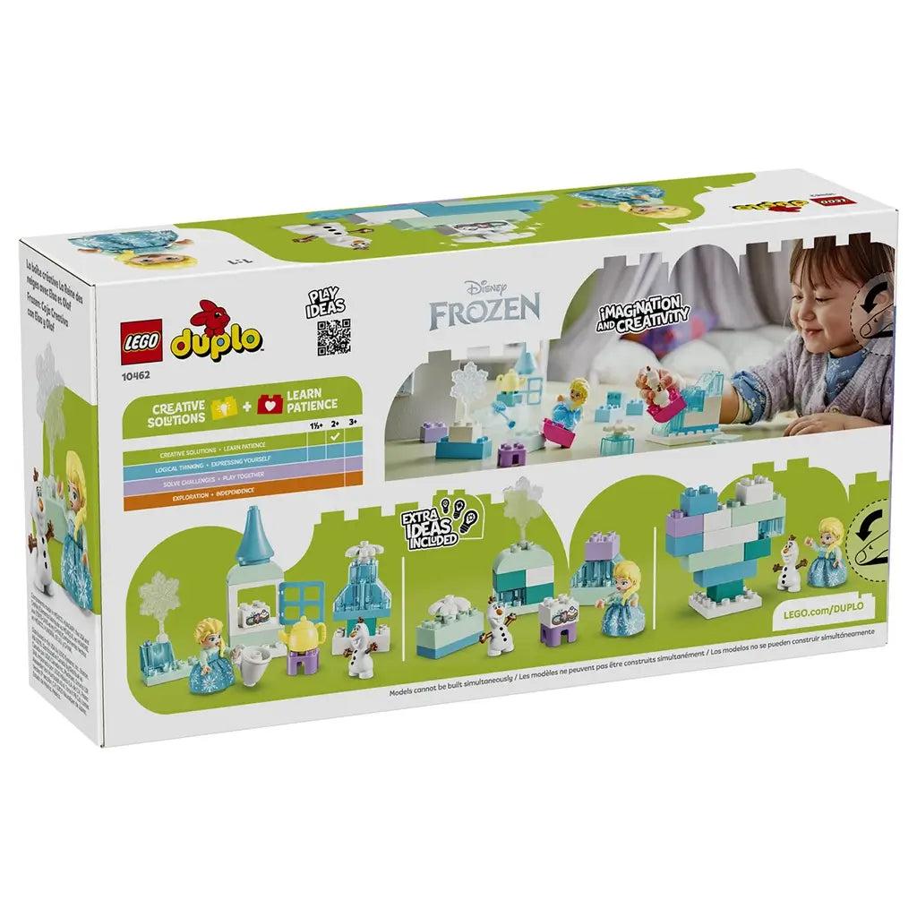 LEGO DUPLO Disney Frozen Creative Box 10462 package back shows pastel plastic builds with Elsa and Olaf, extra building ideas, and a child playing with the set.