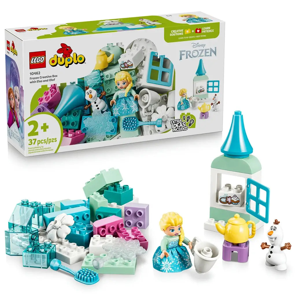 LEGO DUPLO Disney Frozen Creative Box 10462 features aqua, white and pastel plastic bricks, Elsa and Olaf figures, an icy tower, teapot, cup and building accessories.